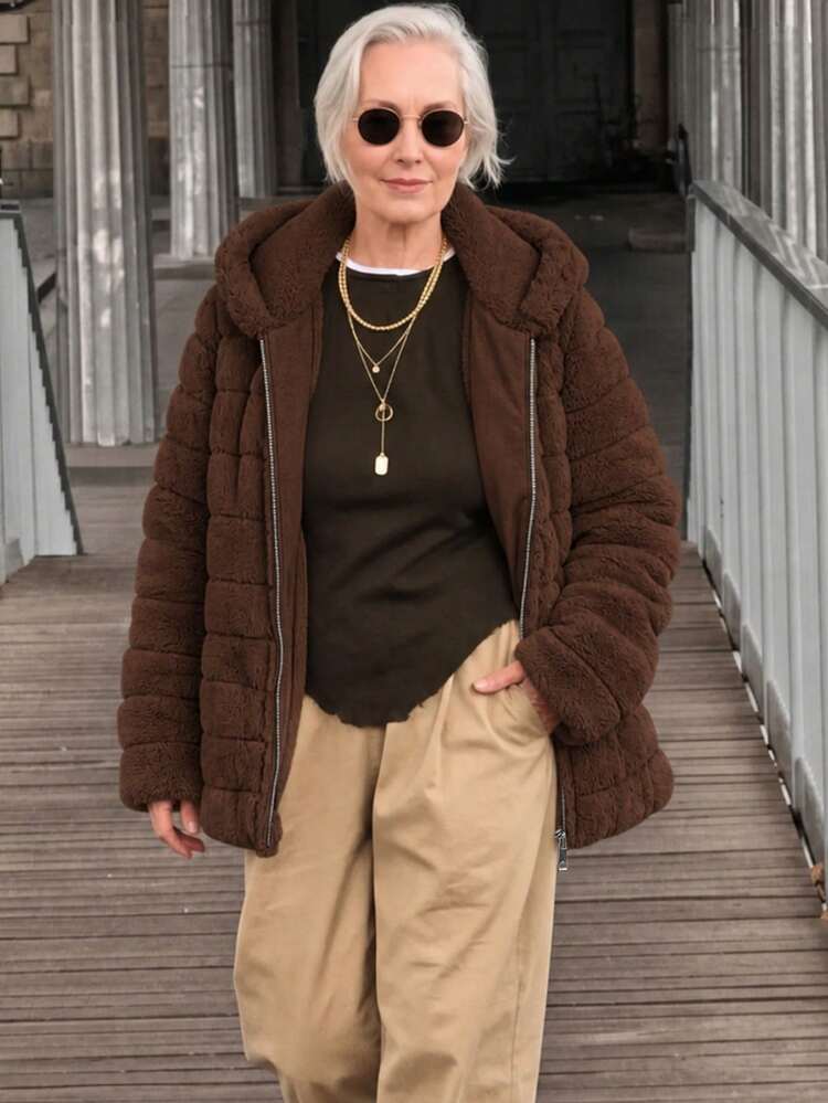 Women's Faux Fur Hooded Pocket Coat - Perfect Choice For Autumn/Winter - Brown - View 1
