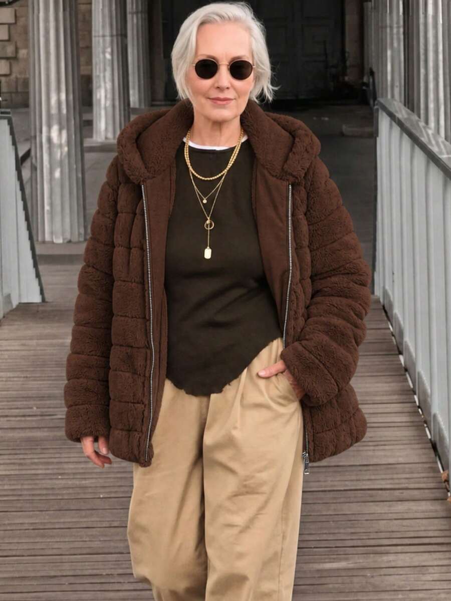 Women's Faux Fur Hooded Pocket Coat - Perfect Choice For Autumn/Winter - Brown - View 1
