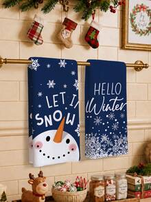 MEMNUN 2 Pcs Deep Blue Snowflake Winter Cartoon Snowman Printed Pattern Kitchen Towels Dish Cloths, Ultra-Fine Microfiber Polyester Material, Let It Snow Hello Winter Winter English Slogan Holiday Decorative Hand Towels Christmas Home Fabric Hanging Towels, Home Decor, Kitchen Decor, Christmas Decor, Suitable For Restaurant Kitchen, Holiday Decoration And Gift Giving, 40*60cm/45*70cm - Multicolor - View 2