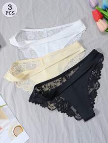 3件組女士性感蕾絲與絲綢內褲 - 彩色 - 查看 3