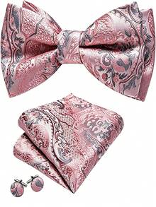 Paisley Striped Bow Tie For Men Silk Pre-Tied Bowtie Pocket Square Cufflinks Set Formal Wedding Party Prom - Pink - View 2