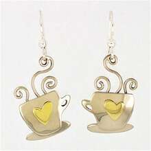 Cute Coffee Cup Pendant Earrings, Vintage Elegant Long Design, Charming Heart Earrings - Silver - View 1