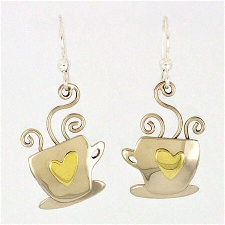 Cute Coffee Cup Pendant Earrings, Vintage Elegant Long Design, Charming Heart Earrings - Silver - View 1