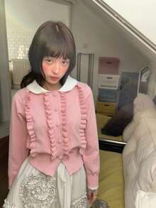 粉色彼得潘領羊毛混紡針織開襟衫，女款秋冬小眾設計短版毛衣外套 - 粉色 - 查看 2