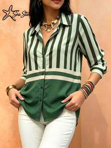 Sea Starshine: New Casual Minimalist Elegant Women's Blouse, Contrast Stripe Design, Suitable For Afternoon Tea And Beach Vacation - Multicolor - View 5