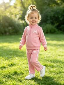 2pcs Baby Girl Spring/Autumn Casual Bow Print Pink Long Sleeve Sweatshirt & Long Pants Thin Sporty Set - Pink - View 1
