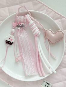 Korean Style Pink Cake Heart Bag Charm, Lace Ribbon Braided Rope Keychain, Cute Girly Bag Pendant - Multicolor - View 6