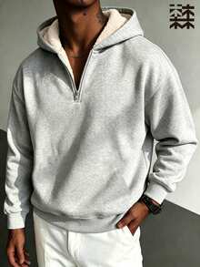 mulinsen Men's Off-Shoulder Long Sleeve Half-Zip Sweatshirt, Thick Warm Pullover Sweatshirt, Suitable For Autumn/Winter Daily Wear - Light Grey - View 1