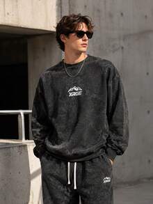 Men's Autumn 2 Pieces Sports Set, Distressed Washed Crew Neck Long Sleeve Sweatshirt + Drawstring Waist Straight Leg Sweatpants, Mountain Graphic Print, Casual Retro Streetwear Style - Black - View 11