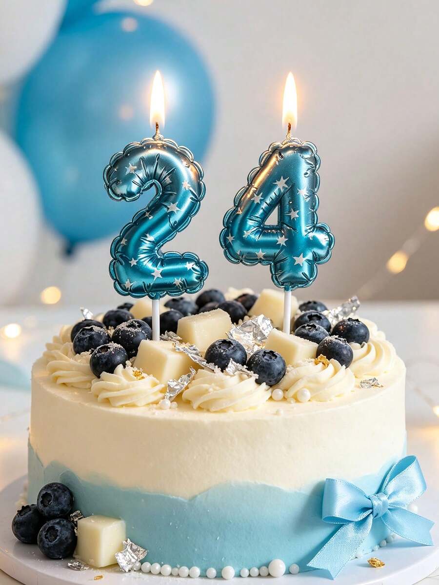 1 件全新渐变蓝色花卉数字星星印花 0-9 生日周年派对蛋糕蜡烛装饰带蕾丝，圣诞节 - 藍色 - 查看 1