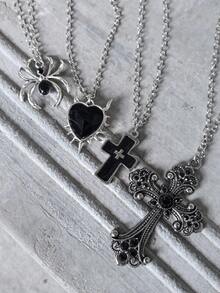 4pcs Cool Gothic Style Alloy Oil Drop Cross Spider Heart Pendant Necklace Suitable For Women Street Party Wear - Multicolor - View 5