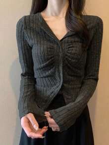 Slim Fit Asymmetrical Pleated Collar Short Base Layer Top, Spring/Autumn - Dark Grey - View 3