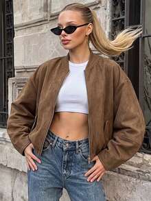 Women's Basic Baseball Short Jacket, Stand Collar Full Zip Loose Long Sleeve Fit, Side Pocket Design, Suitable For Daily Commute And Street Casual Looks - Brown - View 3