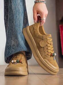 Men's Suede Sneakers, Lace-Up Non-Slip Flat Sole, Street Fashion Versatile Outdoor Training Shoes - Khaki - View 3