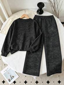 2pcs/Set Teen Girls Round Neck Sweatshirt With Cute Cat Print, Paired With Simple Casual Wide Leg Pants, Comfortable Autumn/Winter New Style - Black - View 3
