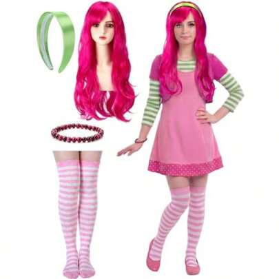 Yinder 4 Pcs Halloween Raspberry Red Curly Wig Costume Accessories Set