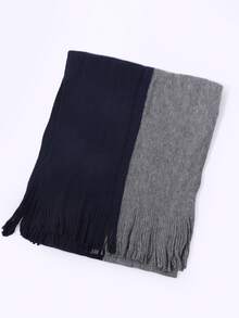 1Pc Men Black Grey Reversible Soft Knitted Warm Tassel Scarf Classic Business Winter Neck Scarf For Office Outdoor Daily - Multicolor - View 8