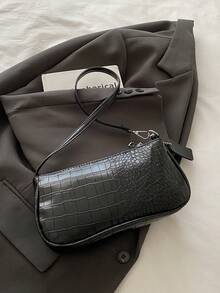 1pc New Fashion Versatile Textured Shoulder Bag Underarm Bag, Suitable For Dating, Outing, Party And Other Occasions, Fashionable Women's Solid Color Wallet. Crocodile Pattern Position Random - Black - View 7