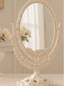 Vintage Oval Desktop Makeup Mirror, White Carved Decorative Vanity Mirror, 360° Rotating Double-Sided Tabletop Makeup Mirror, Suitable For Bedroom Vanity, Bathroom Decor - Apricot - View 9