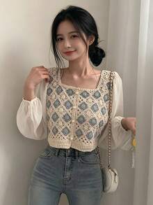 YCYC Casual Colorblock Crochet Patchwork Long Sleeve Cropped Shirt - Apricot - View 1