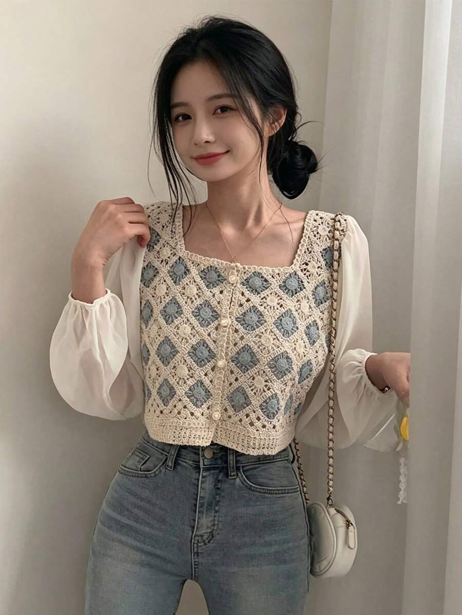 YCYC Casual Colorblock Crochet Patchwork Long Sleeve Cropped Shirt - Apricot - View 1