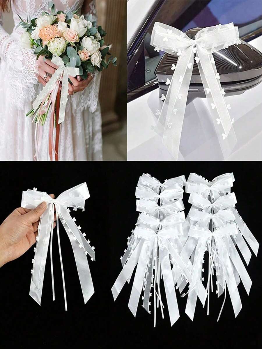 20pcs White Lace Bow Ribbon, Wedding Car Rearview Mirror Chair Back Decoration Bow Ribbon, DIY Gift Floral Packaging Heart-Shaped Bow Ribbon, Suitable For Wedding Party Home Decor - A - View 1