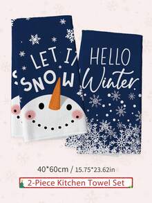 MEMNUN 2 Pcs Deep Blue Snowflake Winter Cartoon Snowman Printed Pattern Kitchen Towels Dish Cloths, Ultra-Fine Microfiber Polyester Material, Let It Snow Hello Winter Winter English Slogan Holiday Decorative Hand Towels Christmas Home Fabric Hanging Towels, Home Decor, Kitchen Decor, Christmas Decor, Suitable For Restaurant Kitchen, Holiday Decoration And Gift Giving, 40*60cm/45*70cm - Multicolor - View 13