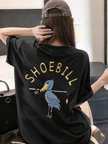 Women's Casual Loose Round Neck Letter & Cartoon Bird Print Short Sleeve T-Shirt, Versatile For Summer Black - Black - View 4