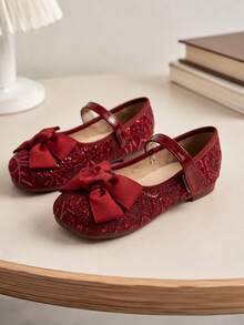 Fashionable & Beautiful Bow Girls' Autumn/Winter Flat Shiny Party Shoes - Burgundy - View 6