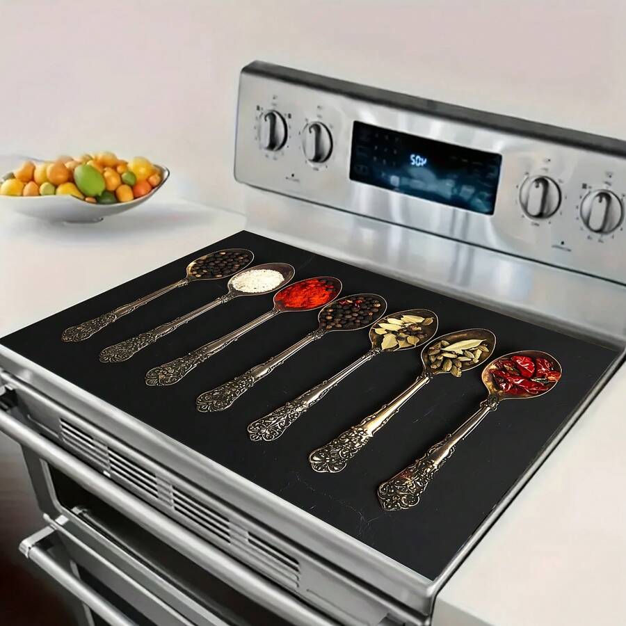 (Hot !!) 1pc 2D Seasoning Utensil Pattern, Flat Stove Protector Mat And Non-Slip Heat-Resistant Rubber Stove Cover Mat Suitable For Induction Cooktop, Glass Cooktop And Multi-Function Anti-Scratch Mat, Also Best Choice For Oven, Washing Machine, Dryer And Kitchen Decoration. - Multicolor - View 1