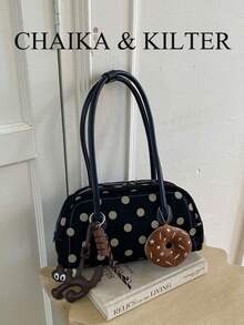 CHAIKA & KILTER 1pc Contrast Color Matte Suede Fabric Women's Vintage Fashion One Shoulder Bowling Bag, All-Over Polka Dot Pattern, Contrast Color Quilted Stitching, Dual Handle Design, Zipper Closure, Suitable For Daily And Travel Use (Includes Pendant) - Black - View 4