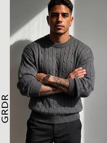 GRDR Men's Casual Cable Knit Crew Neck Long Sleeve Sweater - Grey - View 7