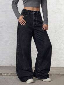Jeans baggy negros de pierna ancha para mujer - EL051 Negro - Ver 2