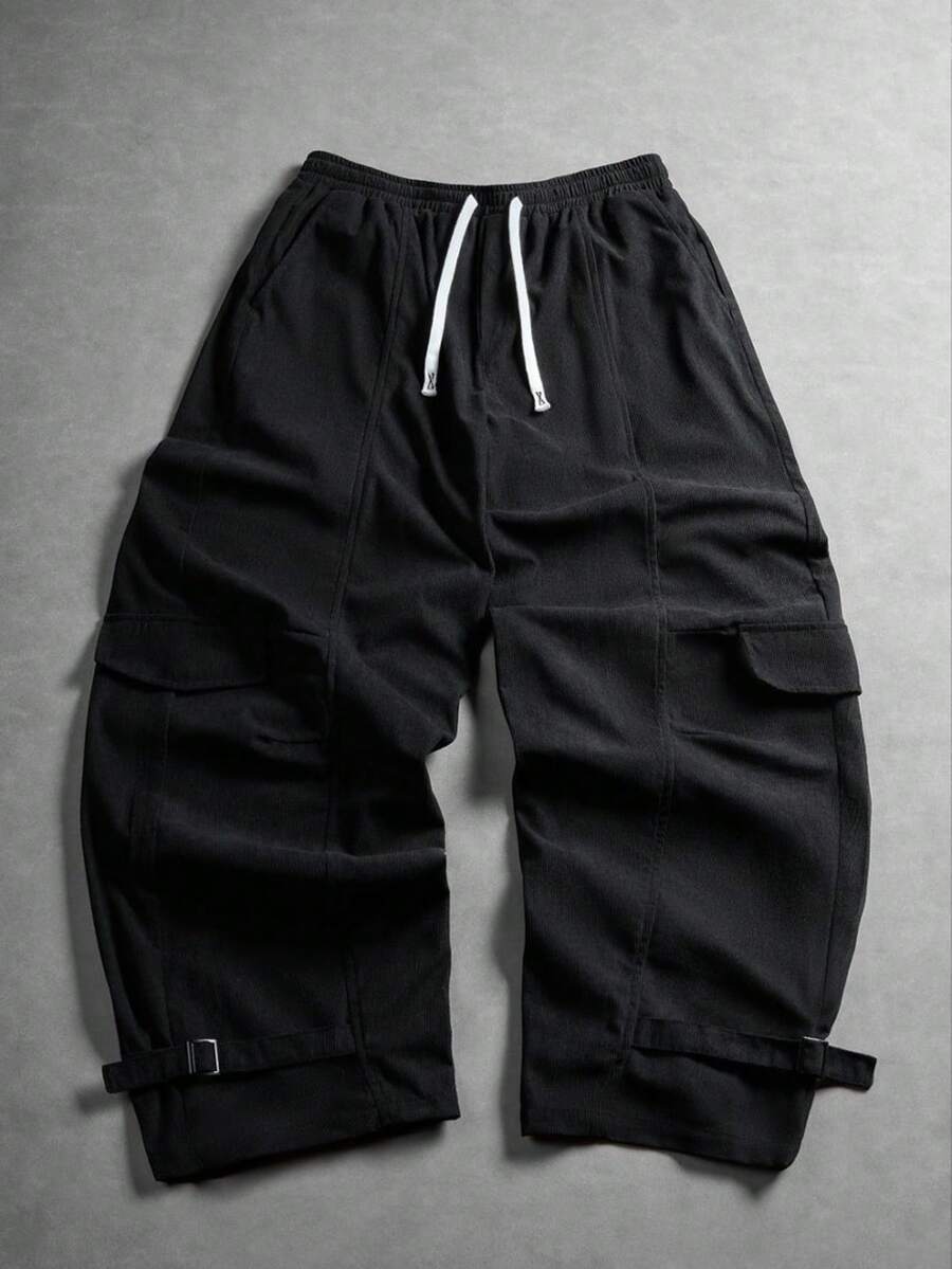 Black Multi-Pocket Wide Leg Cargo Pants With Drawstring Waist And Cuffed Hem, American Casual Long Pants For Men - Black - View 1
