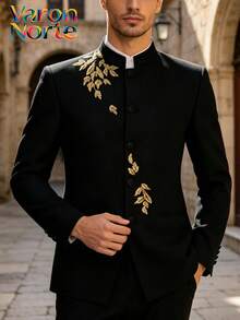 Traje chino para hombre | Chaqueta de traje bordada con hoja dorada | Adecuado para banquete | Traje de hombre | Vestido de novia - Negro - Ver 3