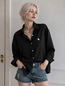 Fashion Striped Print Women's Elegant Versatile Loose Long Shirt, Suitable For Commuting And Daily Wear, All Seasons - Black - View 2