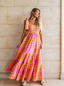 Acelitt Pink Bohemian Ruffled Hem Sleeveless Dress, Summer Elegant - Multicolor - View 1