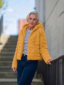 Women's Faux Fur Hooded Pocket Coat - Perfect Choice For Autumn/Winter - Yellow - View 11