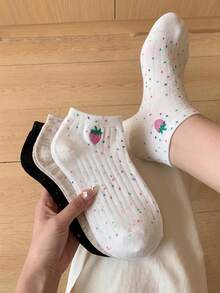 20/10/5/1 Pairs Women's Embroidered Short Invisible Socks, Multi-Color Cartoon Style, Breathable Moisture-Wicking Soft, Suitable For All Seasons And Multiple Occasions, Fresh Strawberry Embroidery - Multicolor - View 5