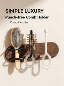 1/2pcs No-Drill Wall-Mounted Hair Tool Storage Rack, Wooden Bathroom Organizer Shelf, Practical Storage And Bathroom Decor, Suitable For Combs, Hair Clips And Hair Ties, Space-Saving - Multicolor - View 2