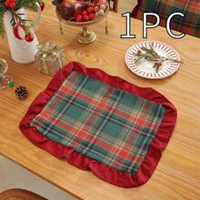 1pc Christmas Plaid Patchwork Velvet Ruffle Table Runner, Suitable For Christmas Holiday And Home Decor - Green Plaid - View 19