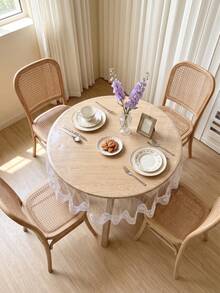1pc Transparent Round PVC Tablecloth With White Floral Lace Trim, Waterproof Easy-To-Clean Table Mat, Home Dining Table Decor - White - View 3