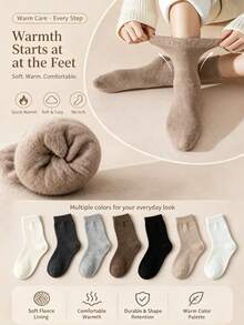 7 Pairs Women Winter Thick Thermal Wool Socks, Soft Knit Solid Color Mid‑Calf Socks, Warm Cozy Casual Socks For Fall Winter - Multicolor - View 3