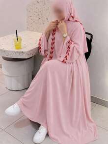 Hafizah Fashion Street Chiffon Long Embroidered Pink Round Neck Dress With Headscarf - Pink - View 1