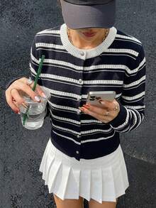 This Women's Fashion Striped Cardigan, Long Sleeve Design With Button Details, Is The Perfect Choice For Creating A Cute Autumn Look - Multicolor - View 4