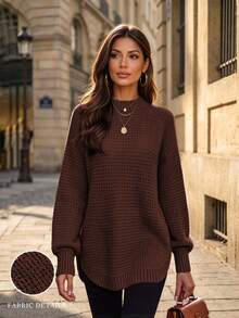 Women's Basic Loose Waffle Knit Solid Color Long Sweater, Curved Hem, Casual Comfortable Round Neck Pullover Long Sleeve Top Fall - Chocolate Brown - View 2