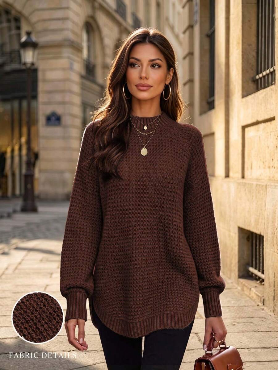 Women's Basic Loose Waffle Knit Solid Color Long Sweater, Curved Hem, Casual Comfortable Round Neck Pullover Long Sleeve Top Fall