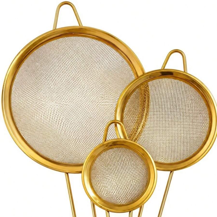 1/3pcs Gold Fine Mesh Strainer, Gold Flour Sifter For Baking, Stainless Steel Sieve, Gold Matcha Filter, Sauce Separator, Noodle Strainer, Long Handle Tea Infuser, Coffee, Food - Multicolor - View 1