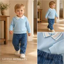 Baby Boy Light Blue Vertical Ribbed Colorblock Polo Collar Knit Long Sleeve Top & Elastic Waist Cuffed Denim Pants, 2-Piece Casual Set For Spring And Autumn - Baby Blue - View 1