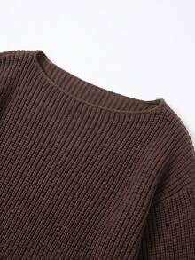 Women's Fall Winter Coffee Brown Off Shoulder Lantern Sleeve Soft Rib Knit Bodycon Midi Dress, Elegant Slim Fit Casual Office Daily Date Party Wear - Coffee Brown - View 10